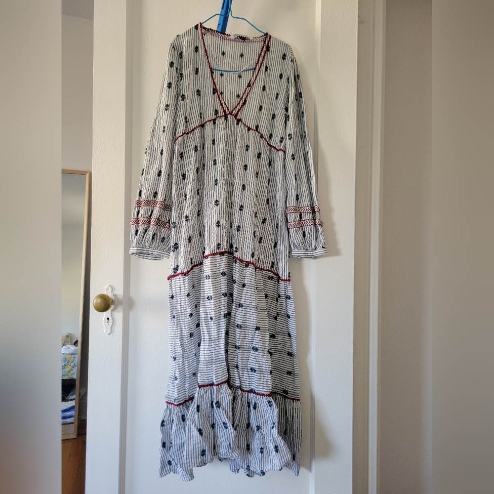 Zara Striped Dress with Floral Pattern and Red Accents